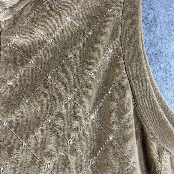 Quacker Factory Velour Vest Women XL Tan Rhinestone Bling Full Zip Quilted Artsy - Picture 6 of 14